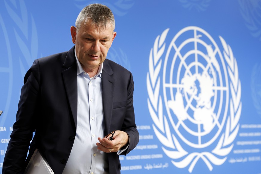 Philippe Lazzarini, Commissioner General of the United Nations Relief and Works Agency for Palestine Refugees in the Near East (UNRWA), leaves the podium after presenting update on the situation the o ...