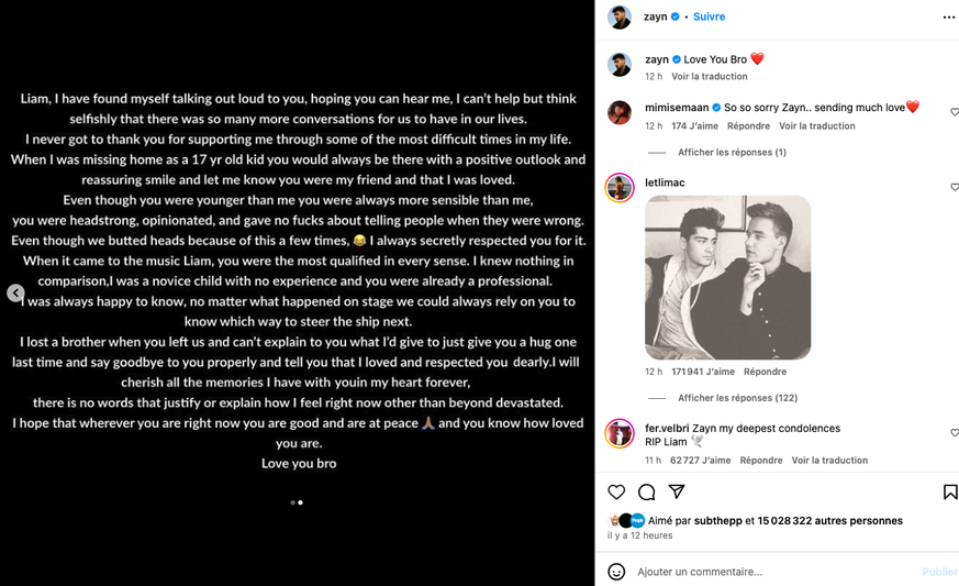 Message de Zayn à Liam, sur Instagram.