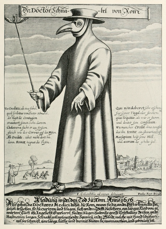 Représentation d'un médecin de la peste, à Rome, en 1656. L'habit est reconnaissable: une longue tunique et un masque en forme de bec.