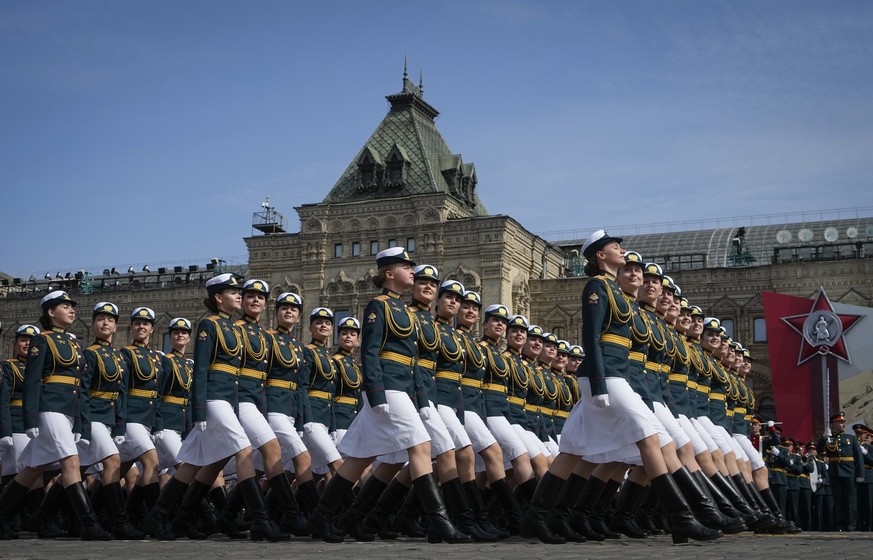 Russian servicewomen march during a dress rehearsal for the Victory Day military parade in Moscow, Russia, Saturday, May 7, 2022. The parade will take place at Moscow&#039;s Red Square on May 9 to cel ...