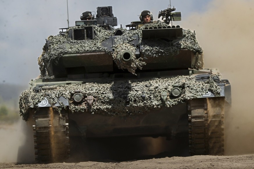 A Germany army Main battle tank Leopard 2A6 takes part in the Lithuanian-German military exercise &#039;Griffin Storm 2023&#039; at a training range in Pabrade, some 60km (38 miles) north of the capit ...