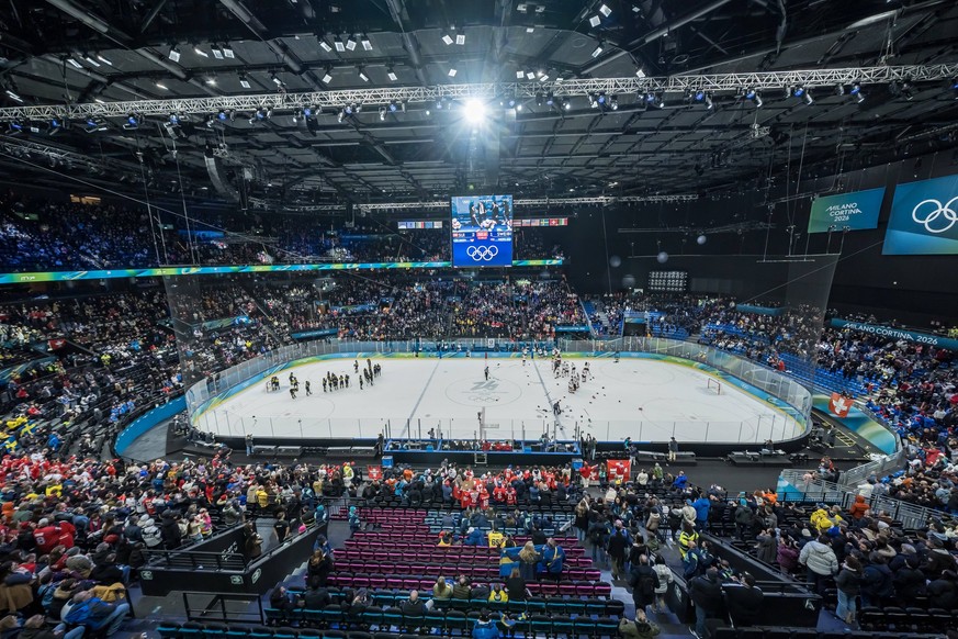 February 19, 2026, Milan, Lombardy, Italy: Team Switzerland celebrates after winning against Team Sweden, 2:1 in overtime in the Womans Bronze Medal Game at the Milano Rho Ice hockey, Eishockey Arena  ...