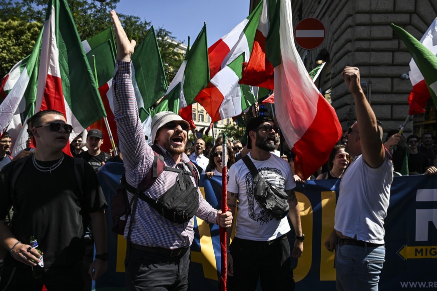 epa13034826 Far-right sympathizers take part in the far-right 'Remigration and Reconquest' demonstration in Rome, Italy, 13 June 2026. The demonstration was organized by far-right groups, in ...