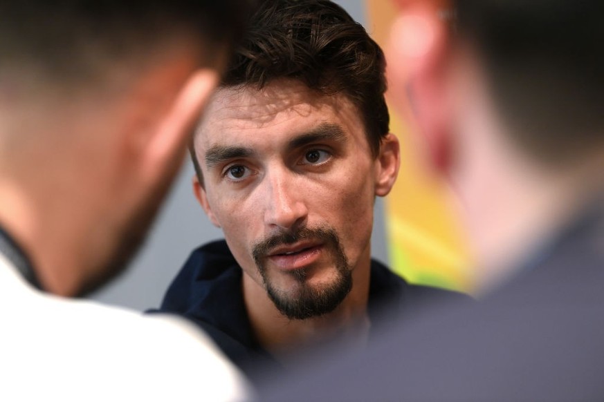 QUEBEC CITY, QUEBEC - SEPTEMBER 11: Julian Alaphilippe of France and Team Soudal Quick-Step meets the media press during the Top Riders Press Conference prior to the 13th Grand Prix Cycliste de Quebec ...