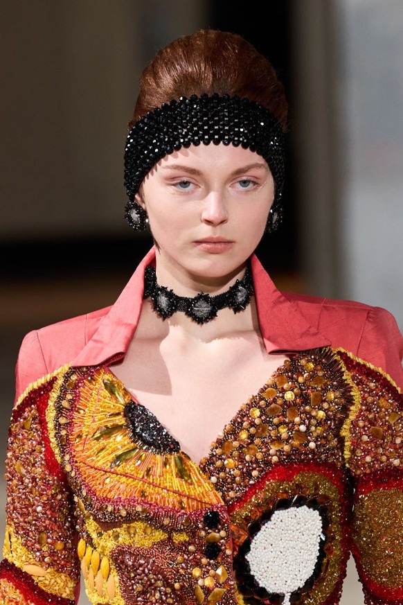 PARIS, FRANCE - JANUARY 30: (EDITORIAL USE ONLY - For Non-Editorial use please seek approval from Fashion House) A model walks the runway during the Germanier Haute Couture Spring-Summer 2025 show as  ...
