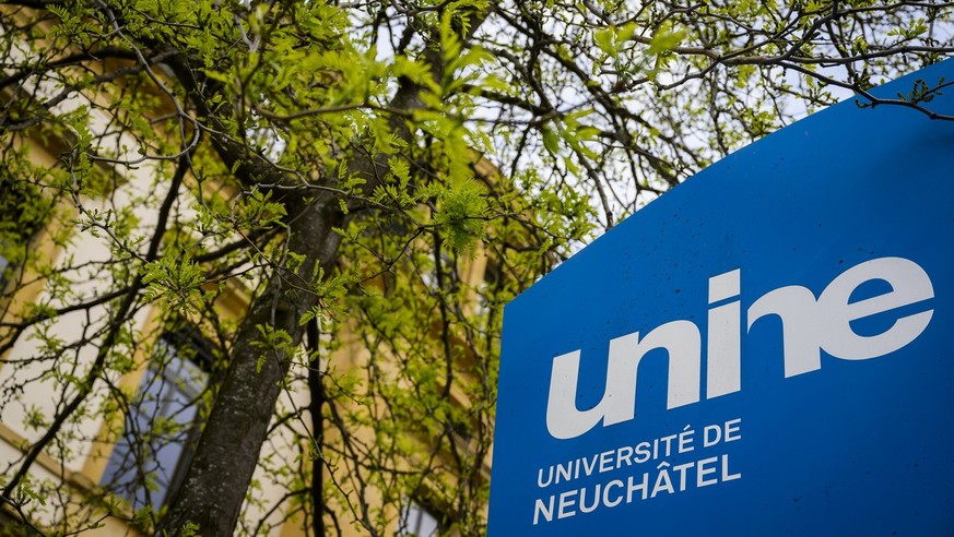 Le logo de l&#039;Universite de Neuchatel, UniNE, est visible le mercredi 4 mai 2022 a Neuchatel. (KEYSTONE/Jean-Christophe Bott)