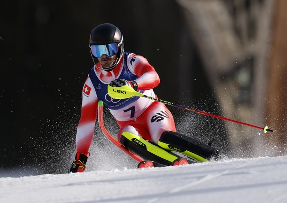 epa12720020 Loic Meillard of Switzerland 1 competes during the Slalom of the Men's Team Combined of the Alpine Skiing competitions at the Milano Cortina 2026 Winter Olympic Games, Stelvio ski cen ...