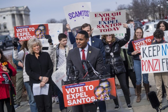 epa10453290 Democratic Congressman from New York Ritchie Torres calls for the resignation of Republican Congressman George Santos during a press conference at the US Capitol in Washington, DC, USA, 07 ...