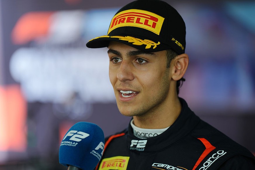 BARCELONA, SPAIN - JUNE 01: Race winner Arvid Lindblad of Great Britain and Campos Racing (4) is interviewed during the Round 6 Barcelona Feature race of the Formula 2 Championship at Circuit de Barce ...