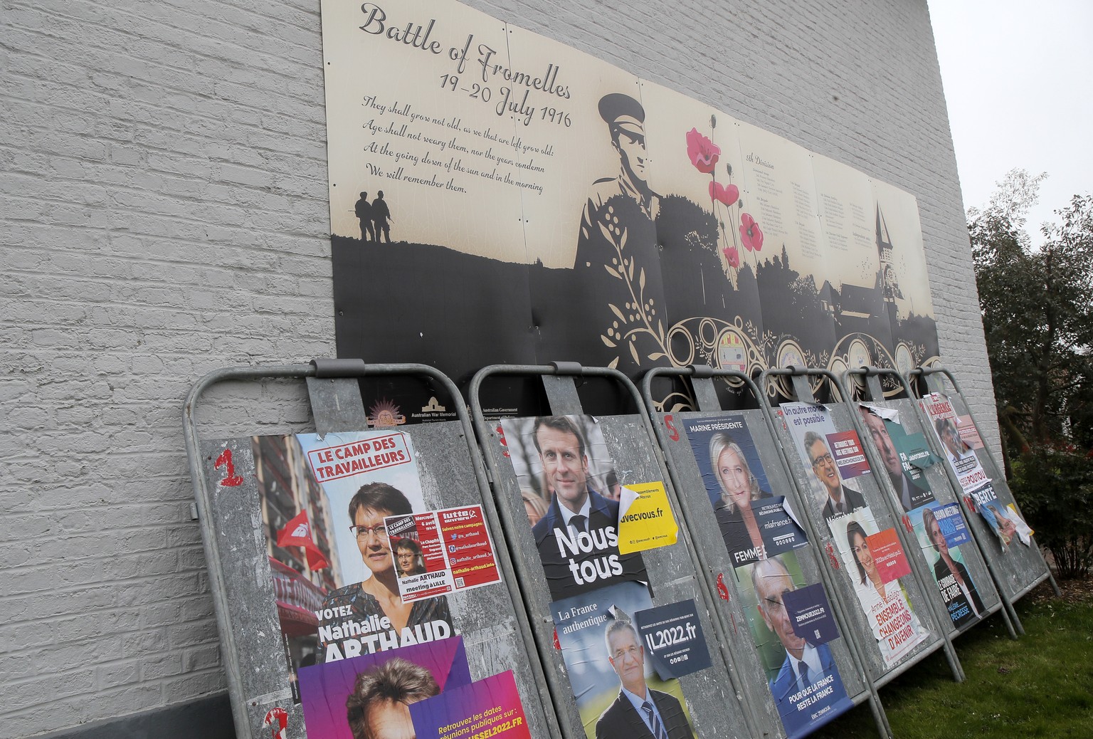 Electoral posters displaying the presidential candidates is displayed Fromelles, northern France, Friday, April 8, 2022. France&#039;s first round of the presidential election takes place on April 10, ...