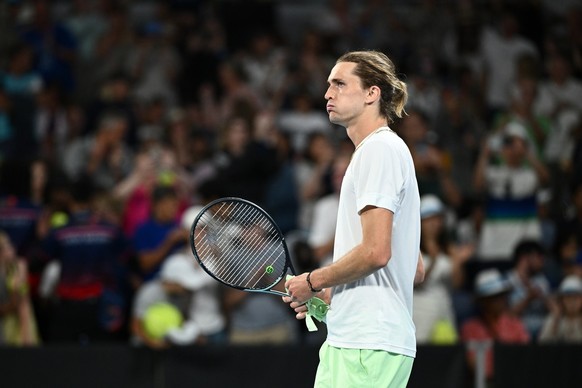 epa11086364 Alexander Zverev of Germany reacts following his 2nd round win over Lukas Klein of Slovakia on Day 5 of the 2024 Australian Open at Melbourne Park in Melbourne, Australia, 18 January 2024. ...