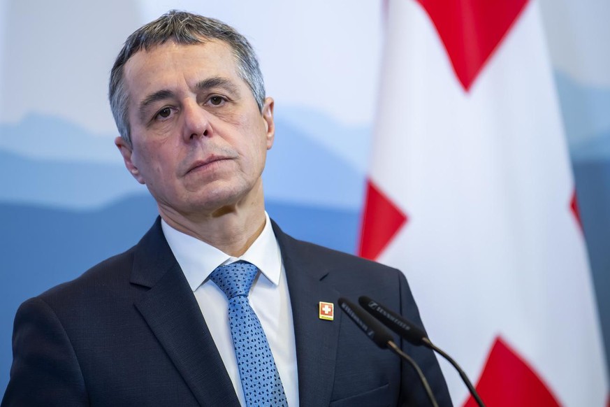 Switzerland&#039;s President and head of the Federal Department of Foreign Affairs Ignazio Cassis, speaks during a press conference after a meeting holding bilateral talks with U.S. Secretary of State ...