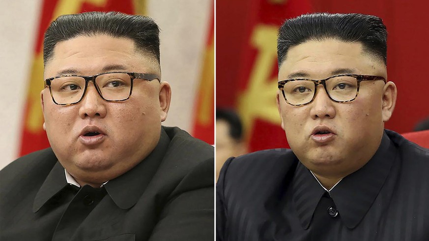 This combination of file photos provided by the North Korean government, shows North Korean leader Kim Jong Un at Workers&#039; Party meetings in Pyongyang, North Korea, on Feb. 8, 2021, left, and Jun ...