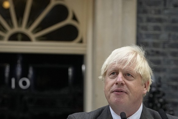 Outgoing British Prime Minister Boris Johnson speaks outside Downing Street in London, Tuesday, Sept. 6, 2022 before heading to Balmoral in Scotland, where he will announce his resignation to Britain& ...