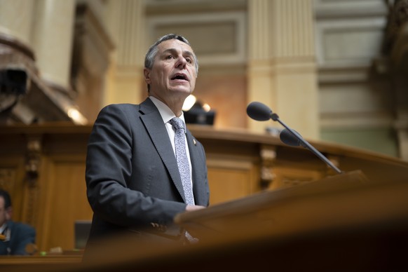 Bundesrat Ignazio Cassis spricht waehrend der Sommersession der Eidgenoessischen Raete, am Donnerstag, 8. Juni 2023 im Nationalrat in Bern. (KEYSTONE/Anthony Anex)