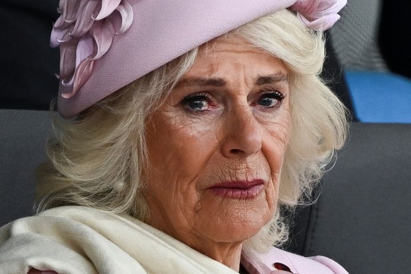 PORTSMOUTH, ENGLAND - JUNE 5: Queen Camilla reacts during the UK&#039;s national commemorative event for the 80th anniversary of D-Day, hosted by the Ministry of Defence on Southsea Common on June 5,  ...