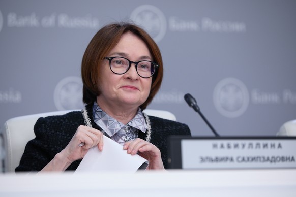 epa11787259 A handout photo made available by the press service of the Bank of Russia shows Governor of the Bank of Russia (Central Bank of the Russian Federation) Elvira Nabiullina attending a press  ...