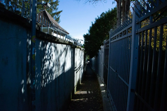 Des caméras chinoises (à gauche et au centre, en haut de la clôture) surveillent le Bomontiweg.