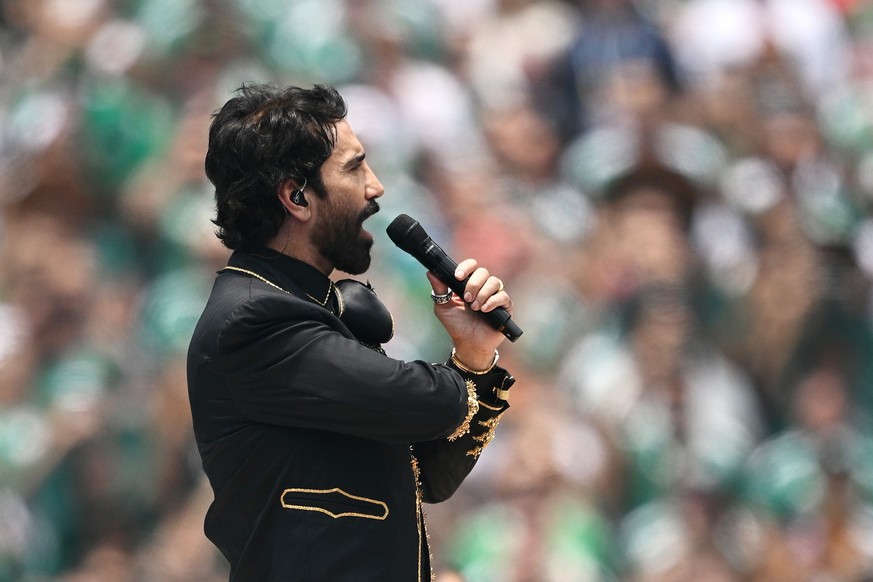 MEXICO CITY, MEXICO - JUNE 11: Alejandro Fernández sing the Mexican national anthem during the FIFA World Cup 2026 Group A match between Mexico and South Africa at Mexico City Stadium on June 11, 202 ...