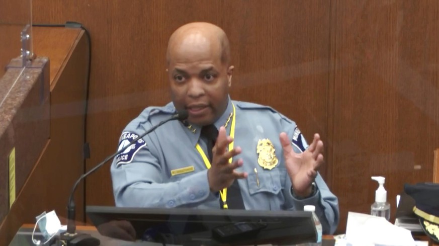 In this image from video, witness Minneapolis Police Chief Medaria Arradondo testifies as Hennepin County Judge Peter� Cahill presides Monday, April 5, 2021, in the trial of former Minneapolis police  ...
