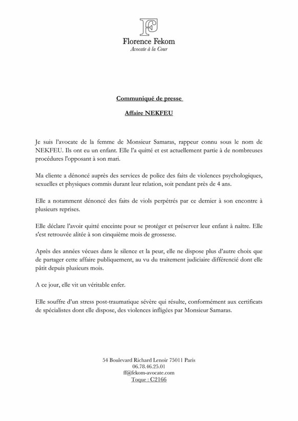Ce dimanche 3 novembre, Florence Fekom, avocate de la compagne de Nekfeu, annonce que sa cliente a signalé à la police des faits de violences sexuelles et de viols. Le rappeur n&#039;a pas réagit.
