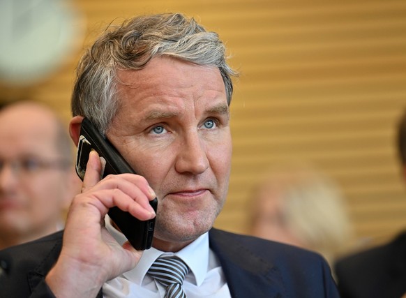 29.01.2025, Th�ringen, Erfurt: Bj�rn H�cke, AfD-Fraktionschef, telefoniert vor Beginn der Sitzung des Th�ringer Landtags mit einer Aktuellen Stunde. Themen sind Ma�nahmen gegen steigende Krankenkassen ...