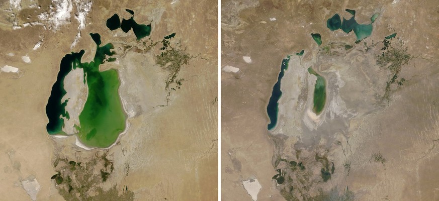 These photos provided by NASA Earth Observatory shows the Aral Sea is visible on Aug. 25, 2000, left, and on Aug. 21, 2018 between Kazakhstan and Uzbekistan. A new study Thursday, May 18, 2023, says c ...