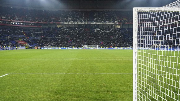 View of the empty field as players left after Marseille&#039;s Dimitri Payet was injured by an object thrown by a Lyon supporter during the French League One soccer match between Lyon and Marseille, i ...