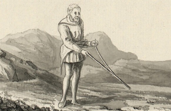 Au 18e siècle, on utilisait souvent des baguettes de sourcier pour rechercher des trésors cachés. Illustration de Thomas Pennant, 1781.
https://commons.wikimedia.org/wiki/File:Divining_Rod.jpg