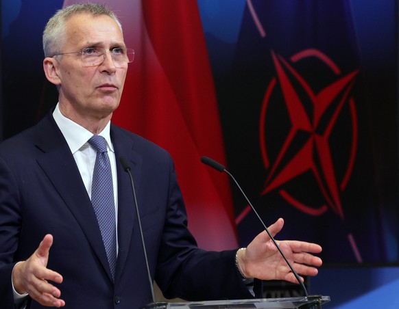 epa10594041 NATO Secretary General Jens Stoltenberg speaks speaks during a joint statement with Luxembourg&#039;s prime minister at a press conference at Alliance headquarters in Brussels, Belgium, 27 ...