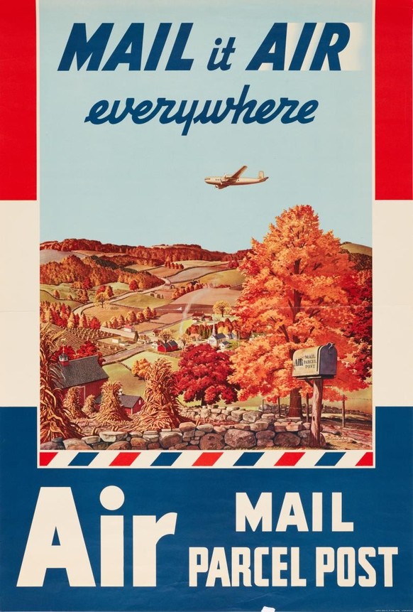 Promesse d’un monde connecté. La confiance dans le progrès se manifeste aussi dans la publicité. Cette affiche évoque une bourgade lointaine idyllique, mais l’avion et la boîte à lettres révèlent ses  ...