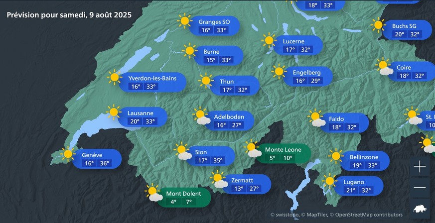 Prévisions météo samedi 9 août en Suisse.