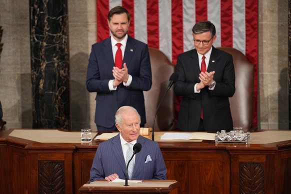 Britain's King Charles III speaks to a joint meeting of Congress in the House Chamber at the U.S. Capitol, Tuesday, April 28, 2026, in Washington, as Vice President JD Vance and House Speaker Mik ...