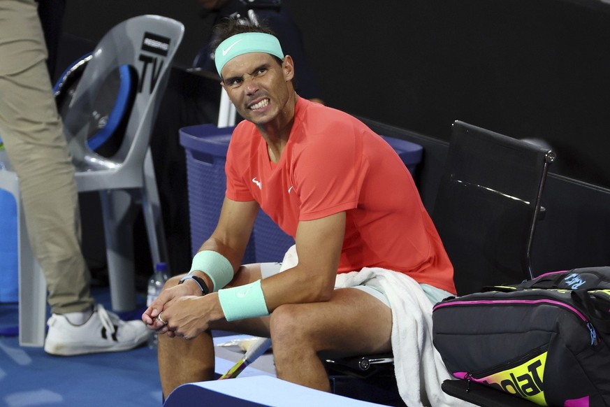 Rafael Nadal of Spain reflects between games in his quarter-final match against Jordan Thompson of Australia during the Brisbane International tennis tournament in Brisbane, Australia, Friday, Jan. 5, ...