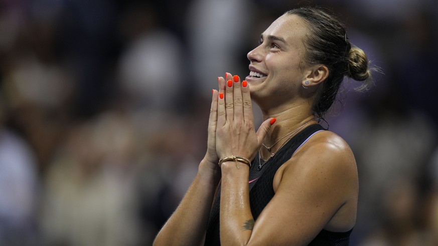 Aryna Sabalenka, of Belarus, smiles after defeating Emma Navarro, of the United States, during the women&#039;s singles semifinals of the U.S. Open tennis championships, Thursday, Sept. 5, 2024, in Ne ...