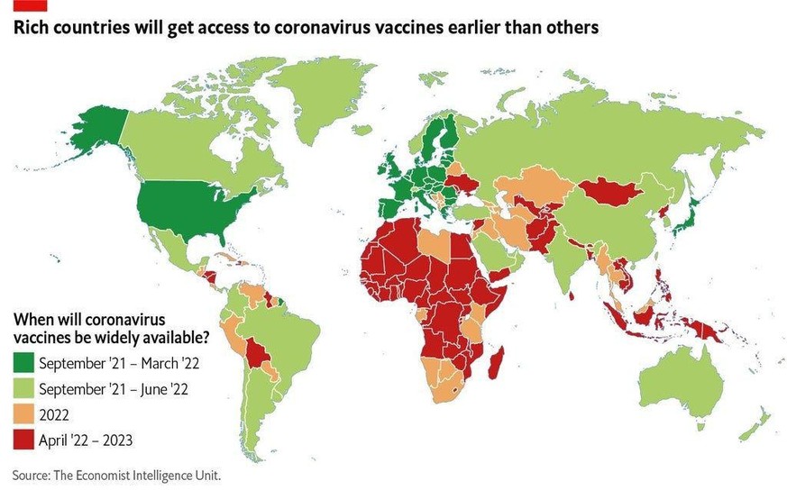 Cette carte de <em>The Economist </em>montre depuis quand les pays vaccinent leur population. Vert foncé pour les premier, plus clair et enfin les autres dès l'an prochain.