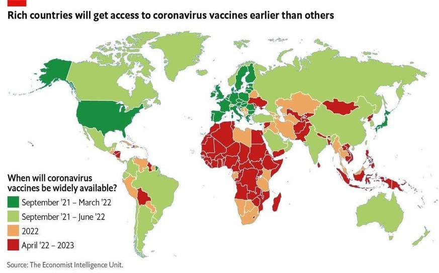 Cette carte de The Economist montre depuis quand les pays vaccinent leur population. Vert foncé pour les premier, plus clair et enfin les autres dès l'an prochain.