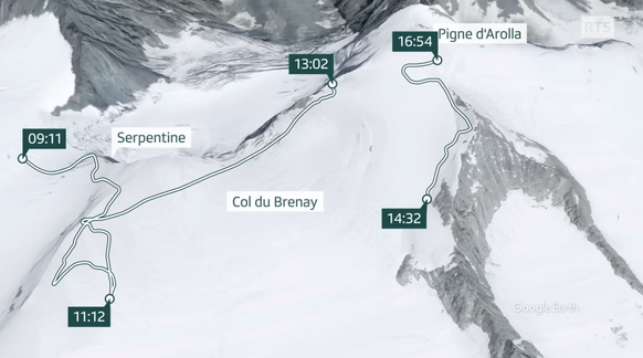 Les temps de passage de la cordée, arrivée à 9h11 au pied de la Serpentine puis à 16h54 au col du Pigne.