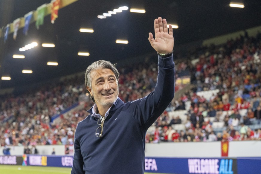 Coach Murat Yakin from Switzerland at the UEFA Nations League B of Group 1 soccer match between Switzerland and North Macedonia at the Thermoplanarena in Luzern, Switzerland, Tuesday, October 6, 2026. ...