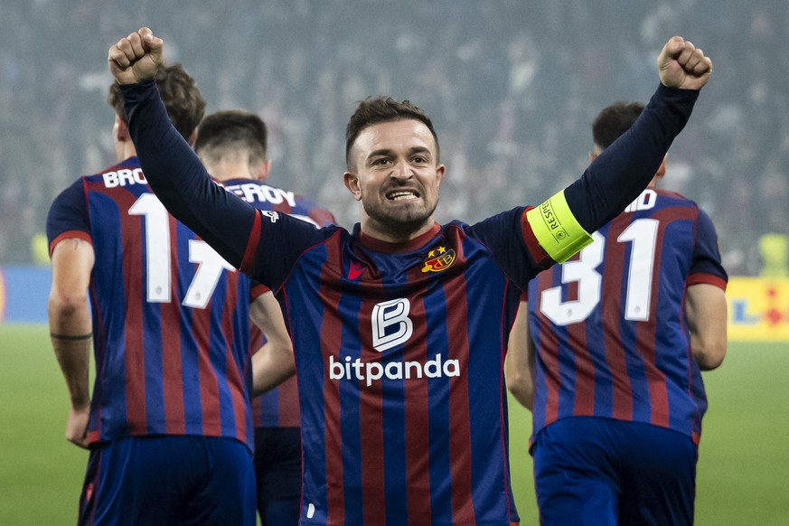 KEYPIX - FC Basel&#039;s Xherdan Shaqiri, center, celebrates after scoring the 2-0 goal, during the UEFA Europa League league phase soccer match between FC Basel (FCB) and VfB Stuttgart at the St. Jak ...
