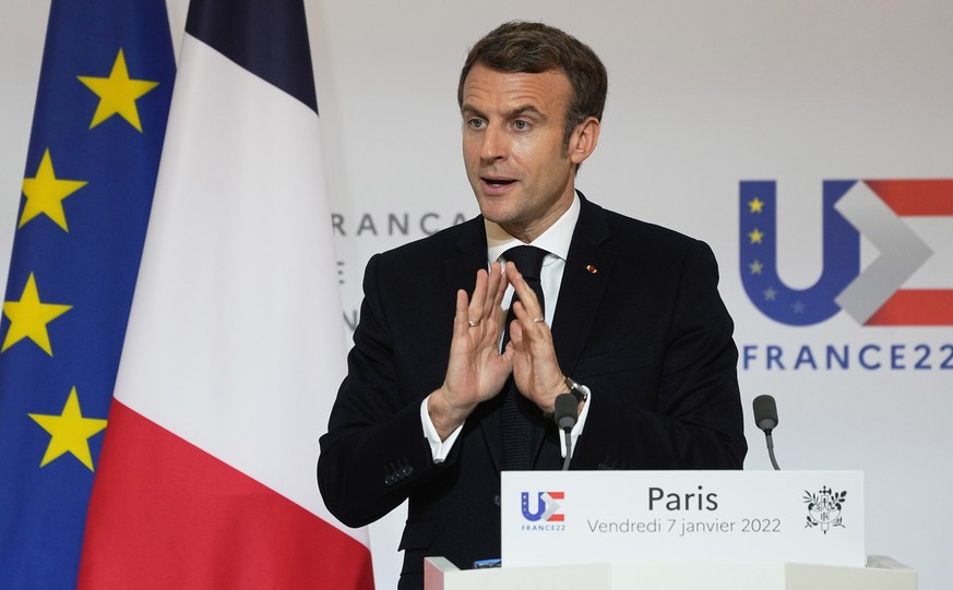 French President Emmanuel Macron speaks as he participates in a media conference with European Commission President Ursula von der Leyen after a meeting at the Elysee Palace in Paris, France, Friday,  ...