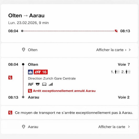 Pas d'arrêt à Aarau lundi matin.