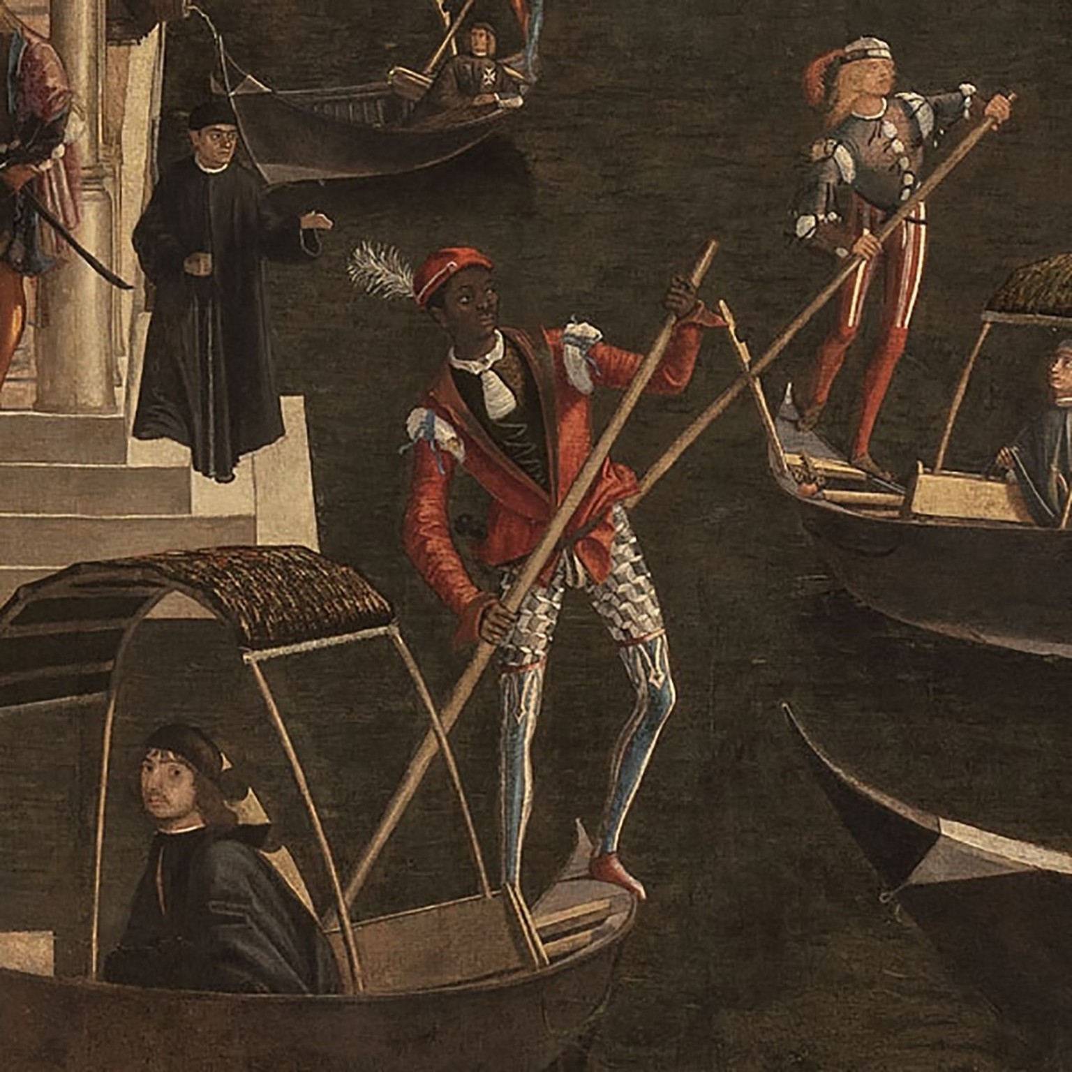 Gondolier noir dans le tableau Le Miracle de la relique de la Croix au pont du Rialto, 1496, (extrait).
https://www.gallerieaccademia.it/miracolo-della-reliquia-della-croce-al-ponte-di-rialto