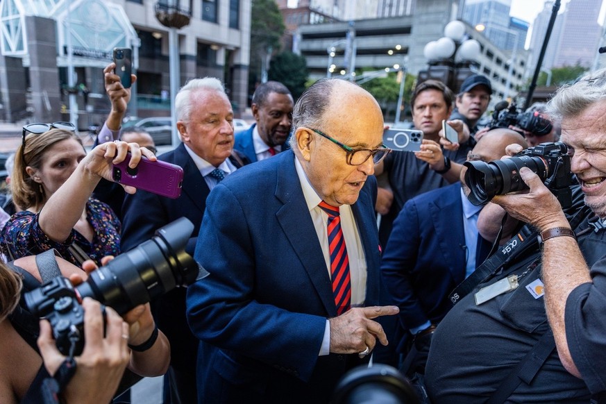 epa10125657 Rudy Giuliani, who previously served as personal lawyer for former US President Donald J. Trump, arrives at the Fulton County Courthouse to be questioned by a Fulton County special grand j ...