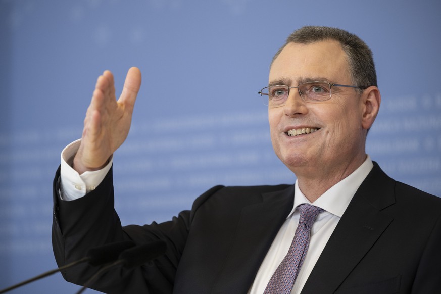 epa11190850 Swiss National Bank&#039;s (SNB) Chairman of the Governing Board Thomas Jordan informs about his announced resignation, in Zurich, Switzerland, 01 March 2024. Jordan will step down at the  ...