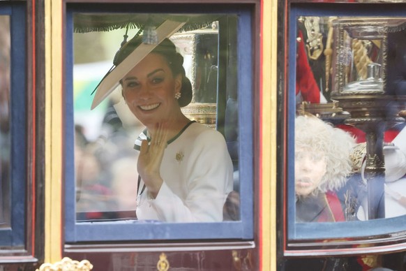 LONDON, ENGLAND - JUNE 15: Catherine, Princess of Wales and Prince Louis of Wales during Trooping the Colour on June 15, 2024 in London, England. Trooping the Colour is a ceremonial parade celebrating ...