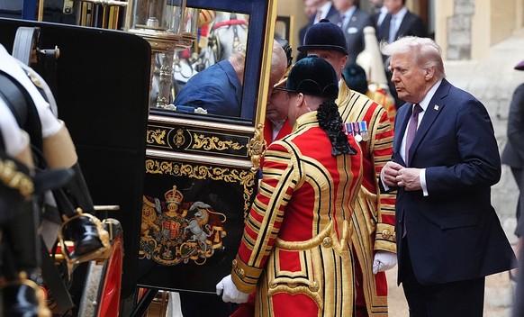 WINDSOR, ENGLAND - SEPTEMBER 17: King Charles III and US President Donald Trump arrive for the ceremonial welcome during the State visit by the President of the United States of America on September 1 ...