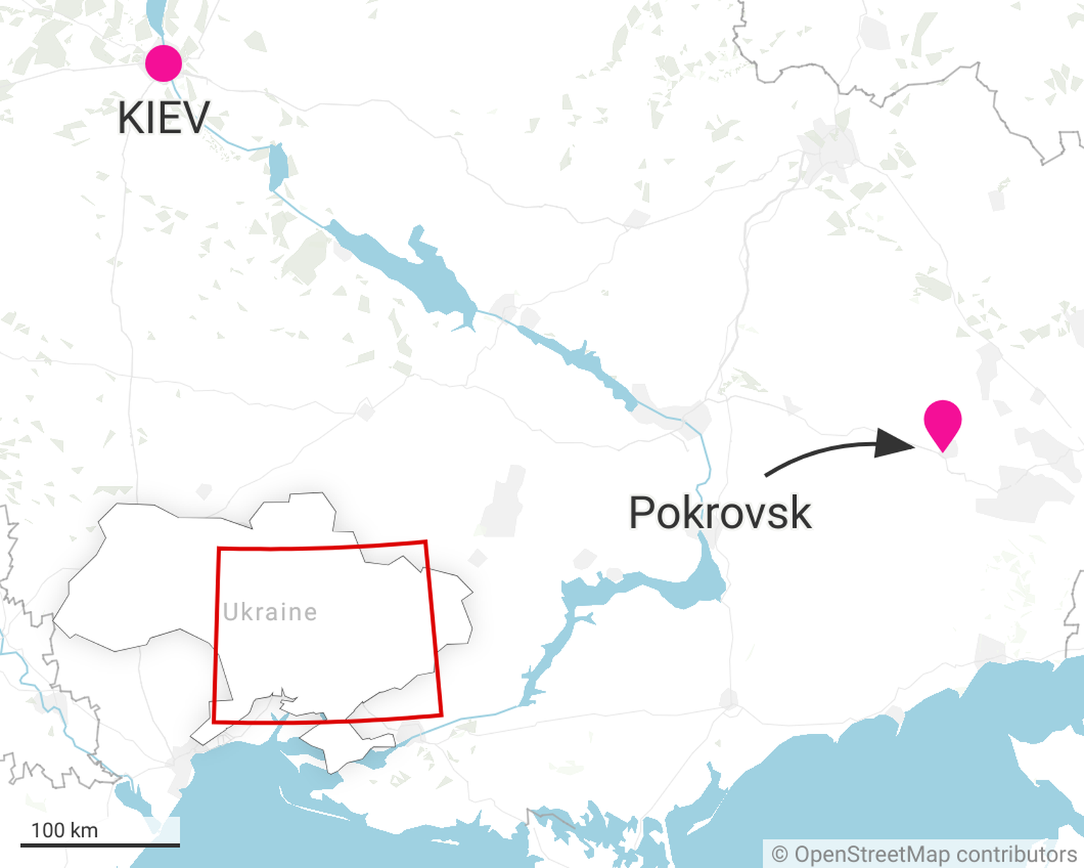 Pokrovsk et Kiev en Ukraine: carte de situation.