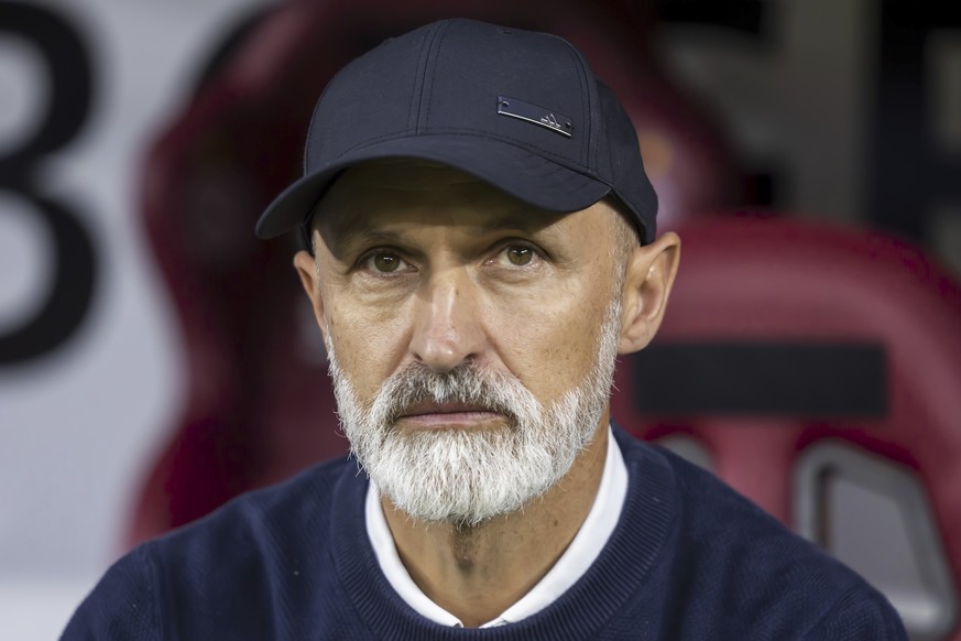 Servette&#039;s head coach Thomas Haeberli looks on during the UEFA Champions League second leg qualifying round soccer match between Servette FC and FC Viktoria Plzen at the Stade de Geneve stadium i ...
