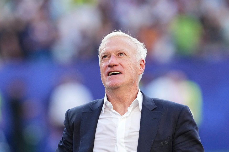 France head coach Didier Deschamps reacts after his team's victory at the end of the World Cup round of 16 soccer match between Paraguay and France in Philadelphia, Saturday, July 4, 2026. (AP Ph ...